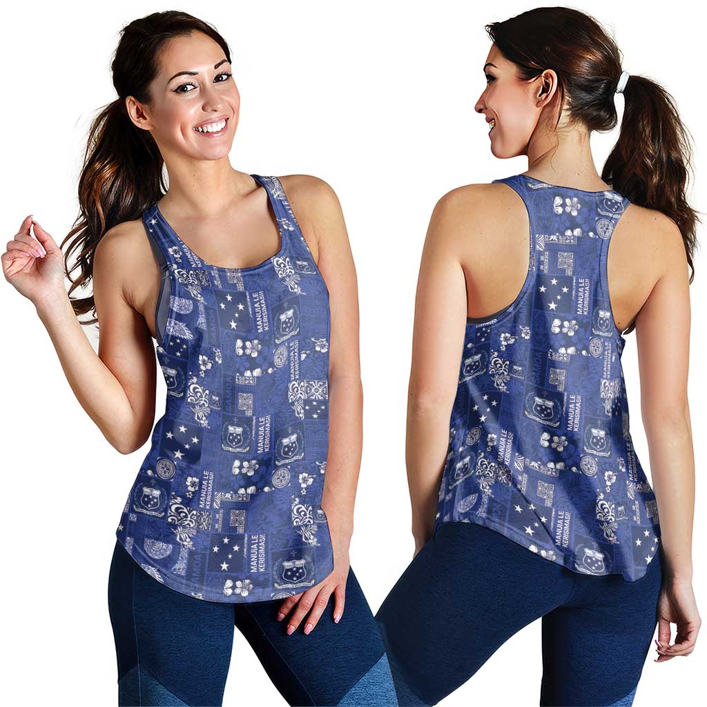 Blue Samoa Manuia Le Kerisimasi Women Racerback Tank Pacific Patchwork Xmas Vibes LT9 - Polynesian Pride