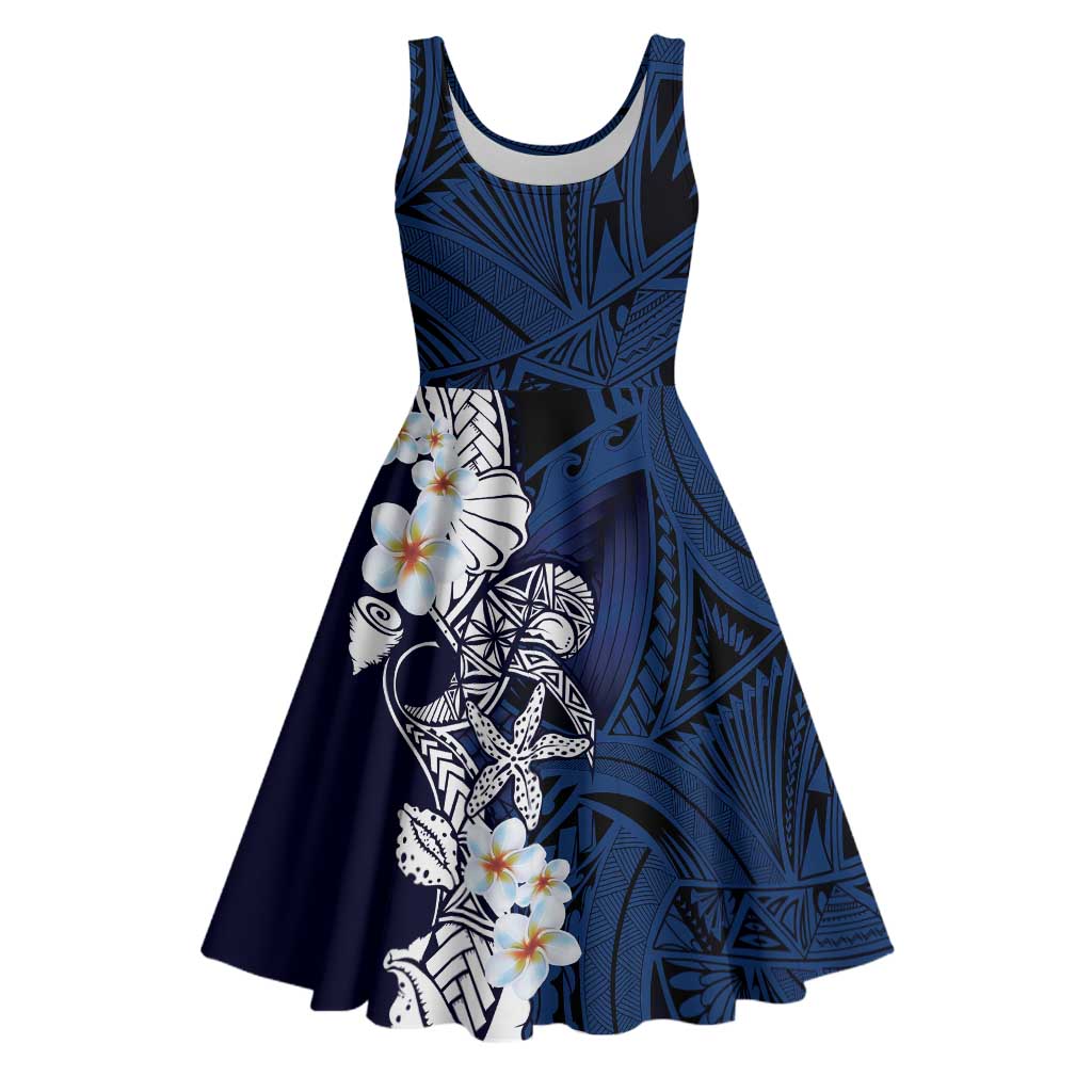 Blue Samoa Tattoo Midi Dress Plumeria Samoan Ocean Tatau Pattern - Polynesian Pride