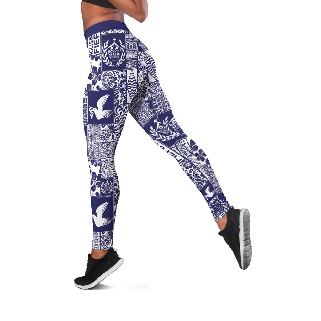 Blue Tonga Kilisimasi Fiefia Leggings Pacific Patchwork Xmas Vibes - Polynesian Pride