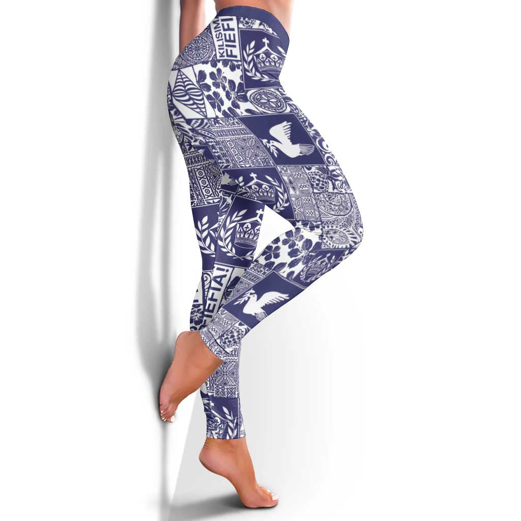 Blue Tonga Kilisimasi Fiefia Leggings Pacific Patchwork Xmas Vibes - Polynesian Pride