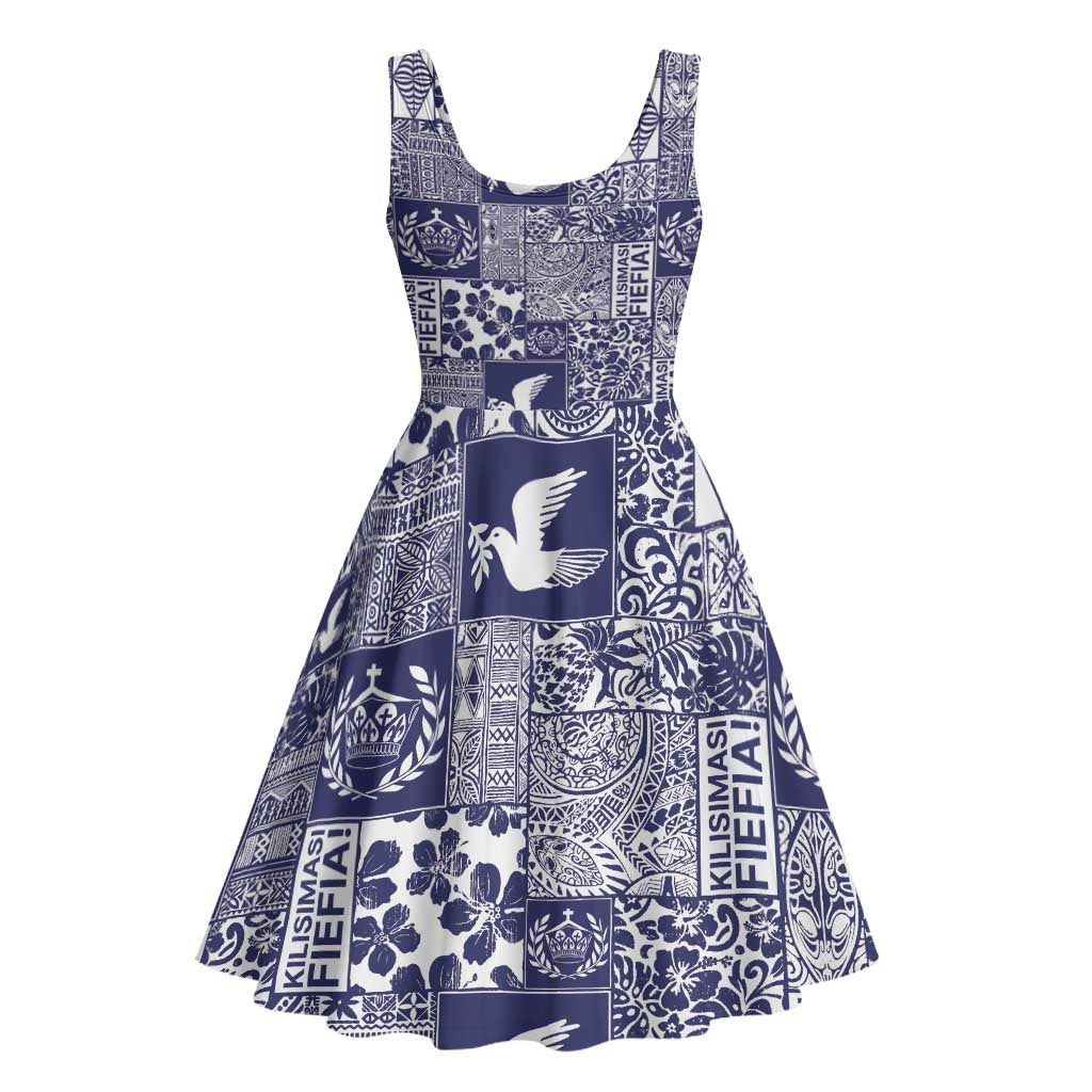 Blue Tonga Kilisimasi Fiefia Midi Dress Pacific Patchwork Xmas Vibes - Polynesian Pride