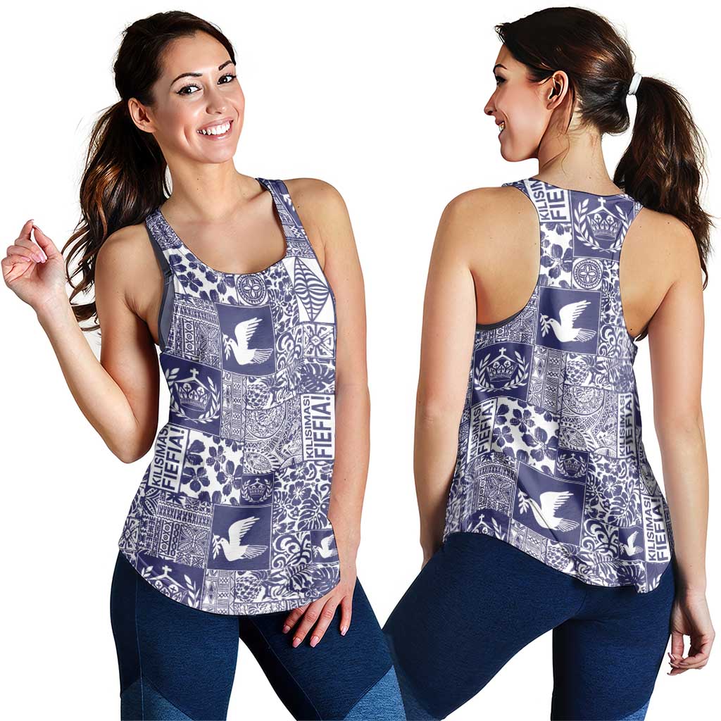 Blue Tonga Kilisimasi Fiefia Women Racerback Tank Pacific Patchwork Xmas Vibes - Polynesian Pride