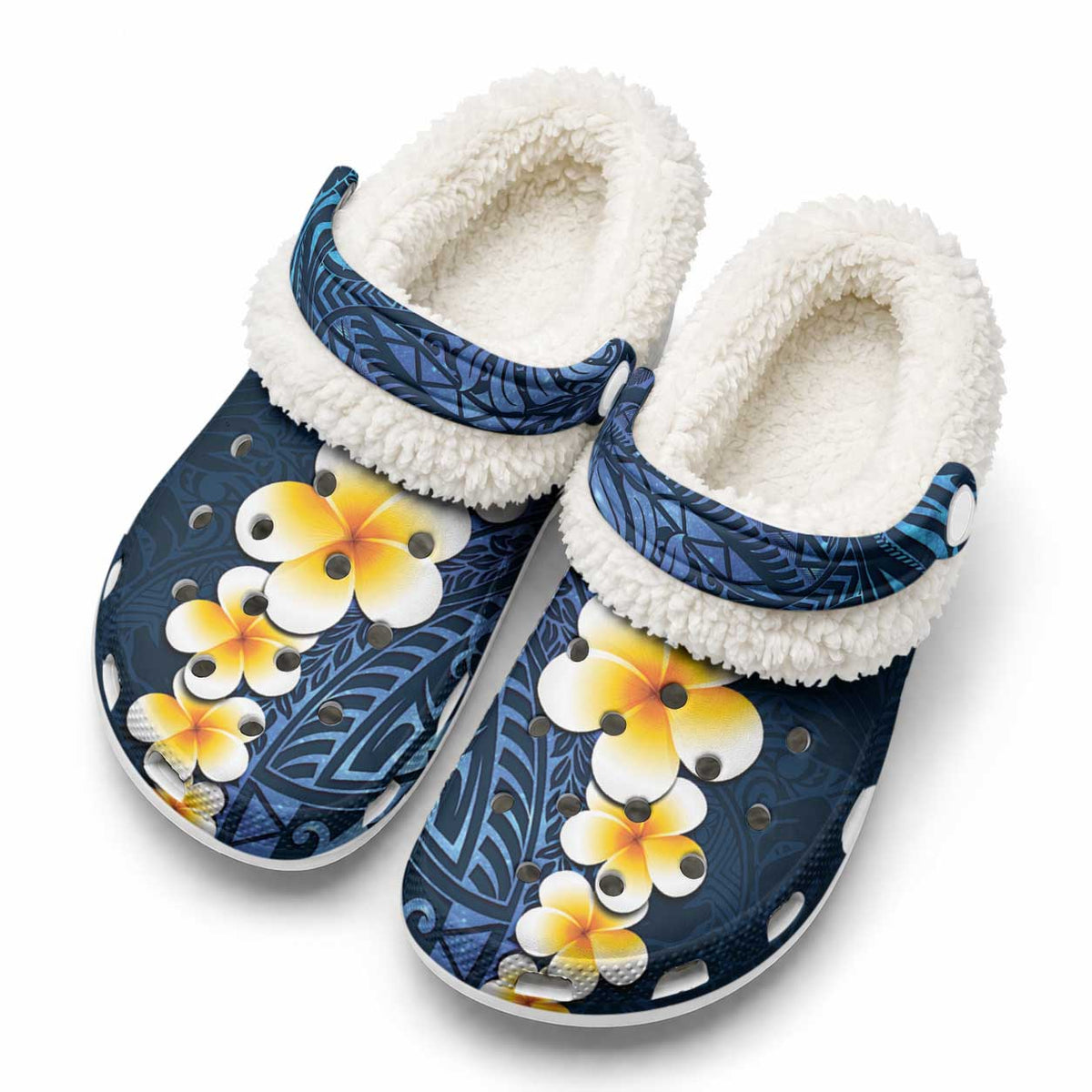 Blue Tropical Plumeria With Galaxy Polynesian Art Fleece Clogs