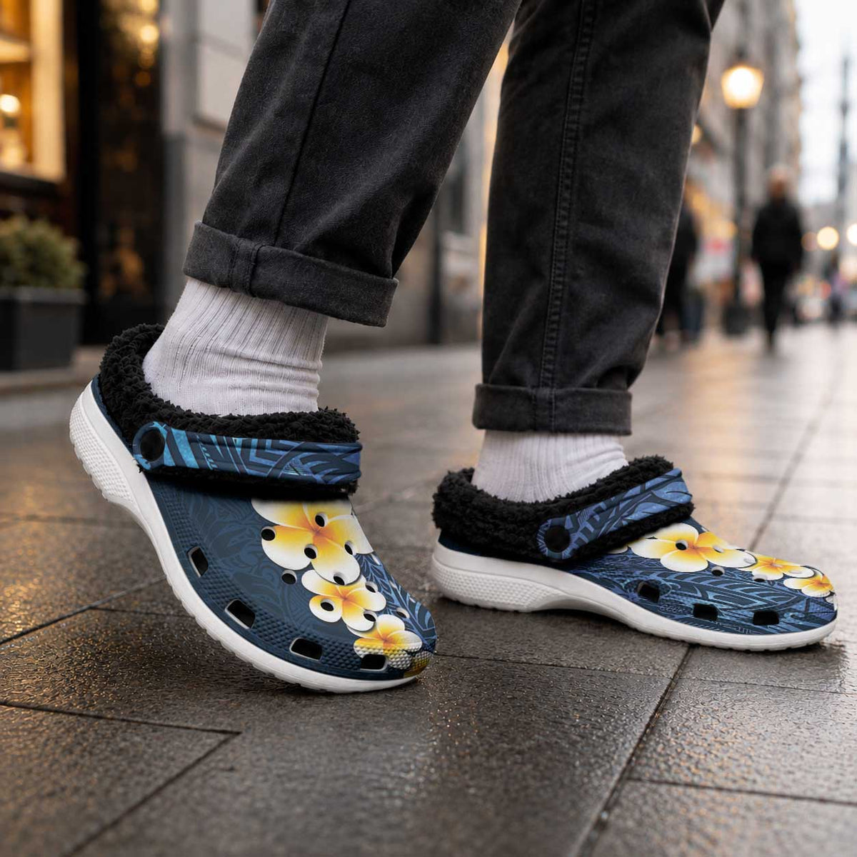 Blue Tropical Plumeria With Galaxy Polynesian Art Fleece Clogs
