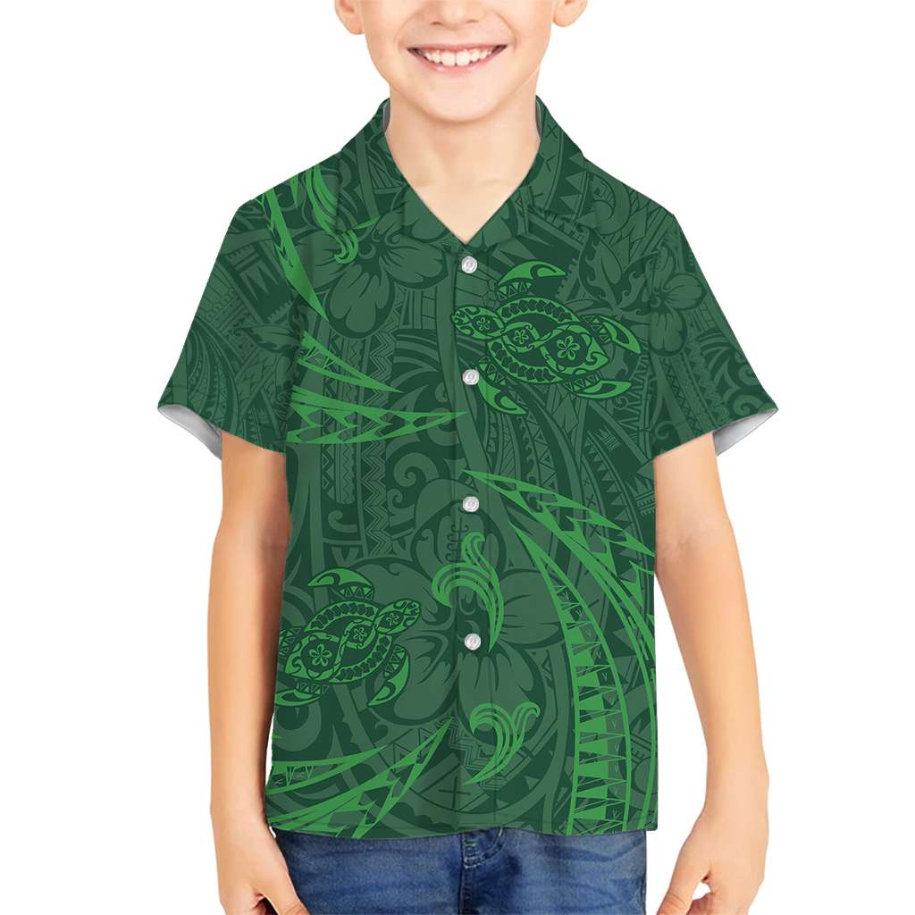 Polynesian Tribal Green Family Matching Off Shoulder Maxi Dress and Hawaiian Shirt Turtle Tattoo LT05 Son's Shirt Green - Polynesian Pride