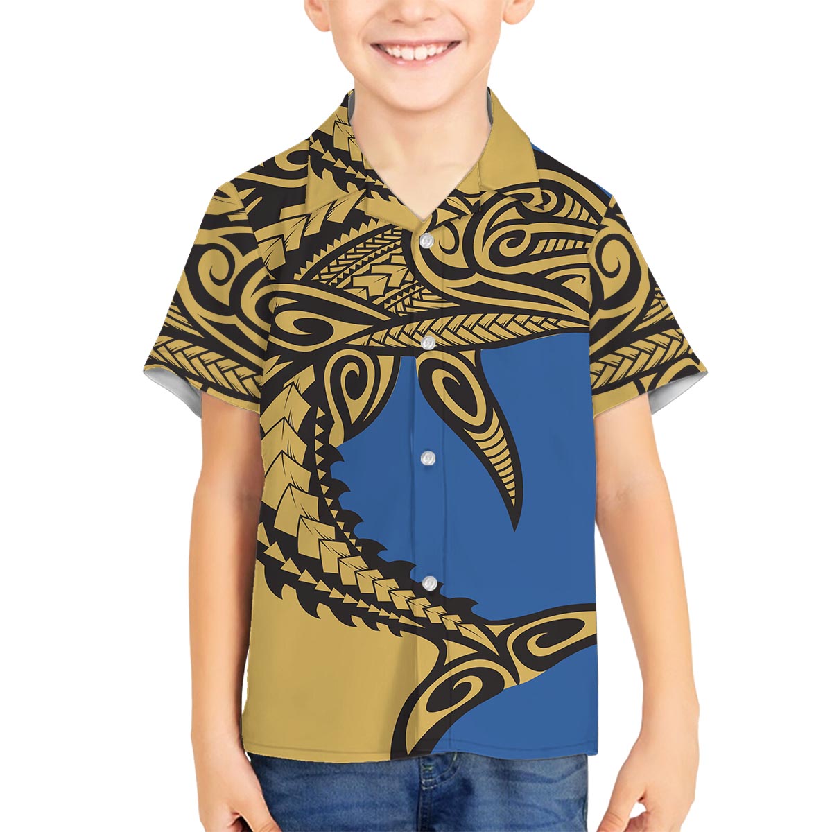 Polynesian Family Matching Outfit Samoan Shark Polynesian Tribal Off Shoulder Long Sleeve Dress And Shirt Family Set Son's Shirt - Polynesian Pride