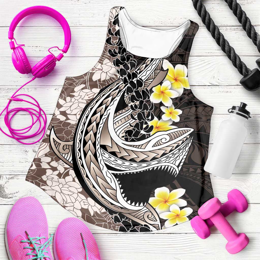 Brown and Black Hawaii Shark Tattoo Women Racerback Tank Puakenikeni Lei Plumeria Polynesian Pattern LT14 Black - Polynesian Pride