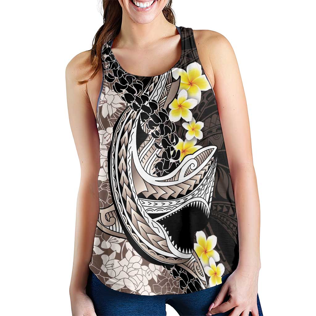 Brown and Black Hawaii Shark Tattoo Women Racerback Tank Puakenikeni Lei Plumeria Polynesian Pattern LT14 - Polynesian Pride
