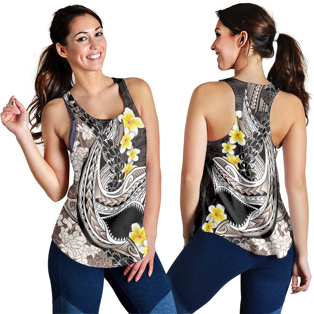 Brown and Black Hawaii Shark Tattoo Women Racerback Tank Puakenikeni Lei Plumeria Polynesian Pattern LT14 - Polynesian Pride