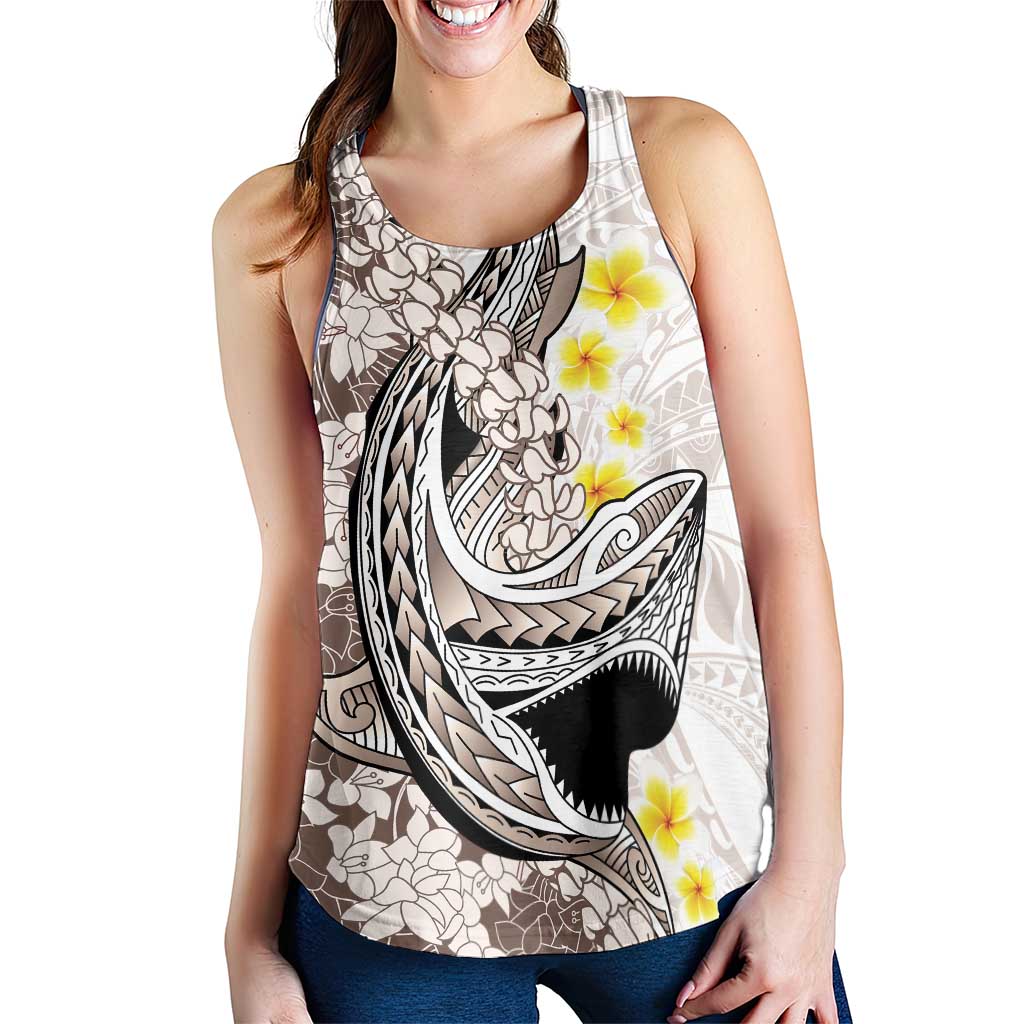 Brown and White Hawaii Shark Tattoo Women Racerback Tank Puakenikeni Lei Plumeria Polynesian Pattern LT14 - Polynesian Pride