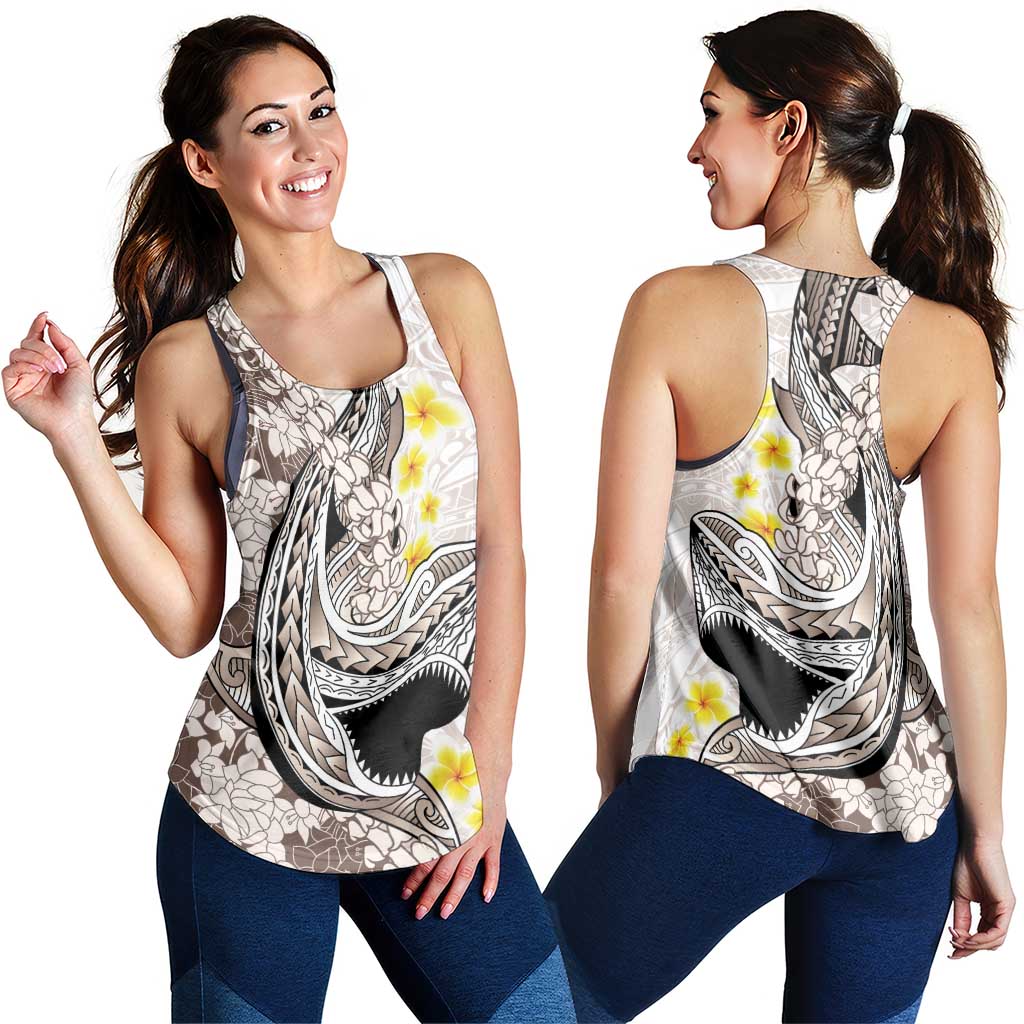 Brown and White Hawaii Shark Tattoo Women Racerback Tank Puakenikeni Lei Plumeria Polynesian Pattern LT14 - Polynesian Pride