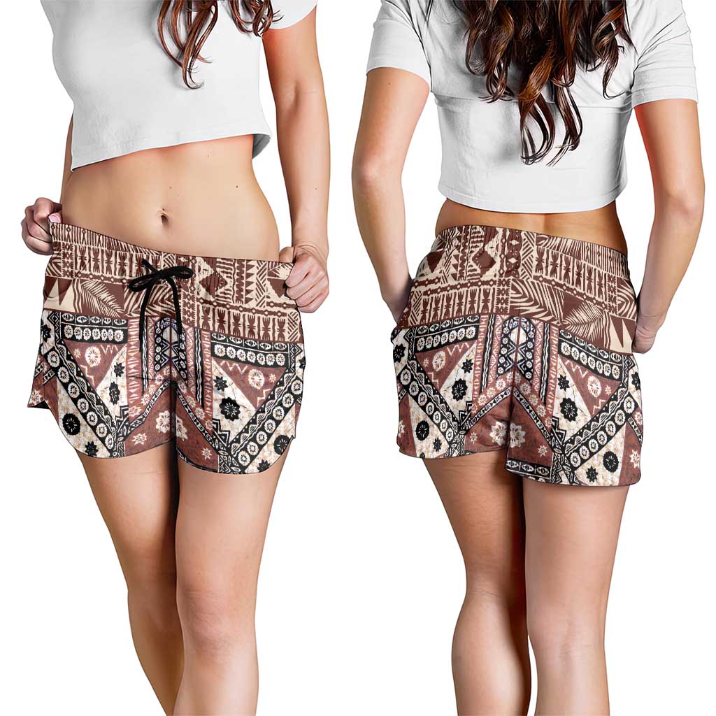 Brown Bula Fiji Shorts for Women Unique Masi Tapa Pattern LT14 - Polynesian Pride