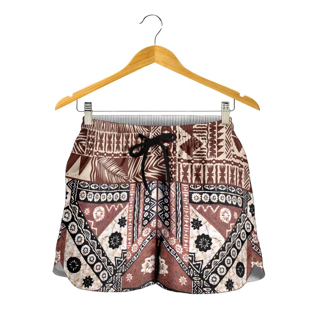 Brown Bula Fiji Shorts for Women Unique Masi Tapa Pattern LT14 - Polynesian Pride
