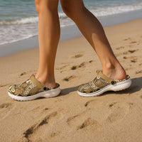 Brown Gold Monstera Clogs Shoes Polynesian Tribal Pattern - Polynesian Pride