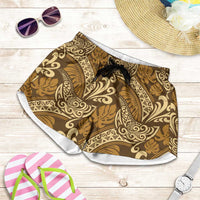 Brown Gold Monstera Shorts for Women Polynesian Tribal Pattern - Polynesian Pride