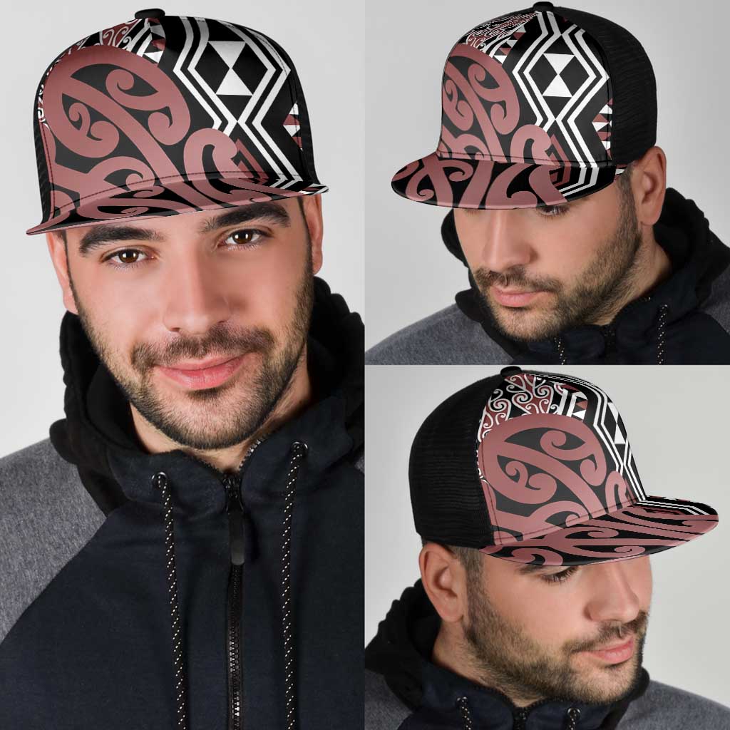 Brown New Zealand Mesh Trucker Cap Aotearoa Kowhaiwhai Mix Taniko Art - Polynesian Pride
