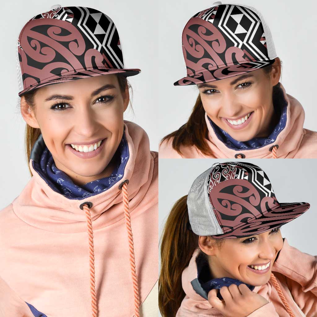 Brown New Zealand Mesh Trucker Cap Aotearoa Kowhaiwhai Mix Taniko Art - Polynesian Pride