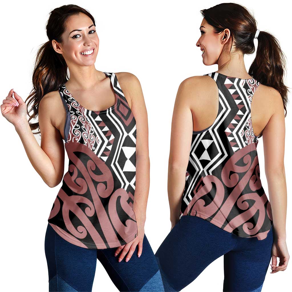 Brown New Zealand Women Racerback Tank Aotearoa Kowhaiwhai Mix Taniko Art LT14 - Polynesian Pride