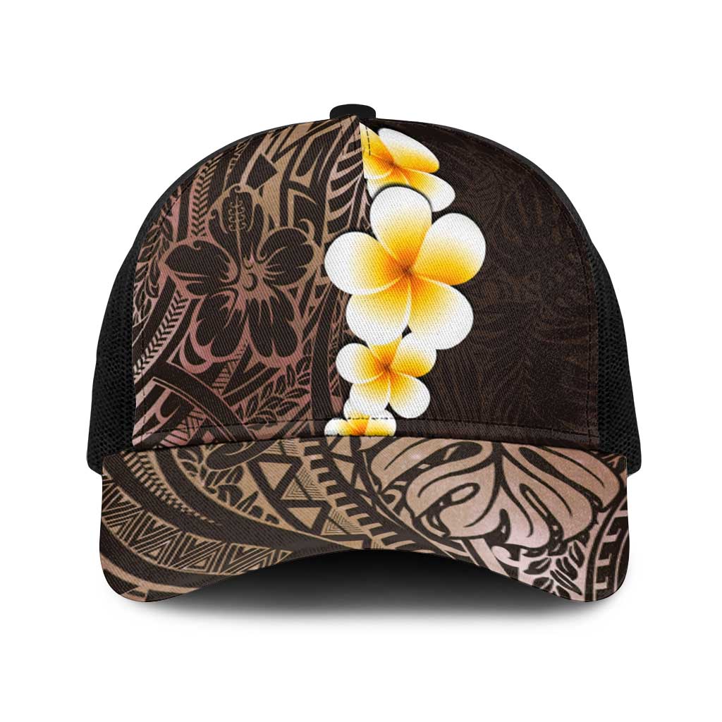 Brown Polynesia Baseball Net Cap Plumeria Tropical Leaves With Galaxy Polynesian Art - Polynesian Pride