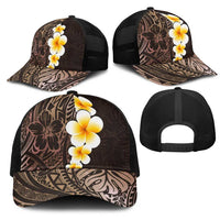 Brown Polynesia Mesh Trucker Cap Plumeria Tropical Leaves With Galaxy Polynesian Art - Polynesian Pride