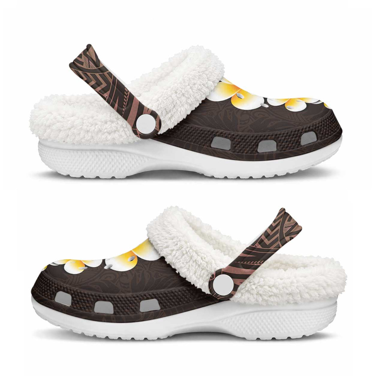 Brown Tropical Plumeria With Galaxy Polynesian Art Fleece Clogs