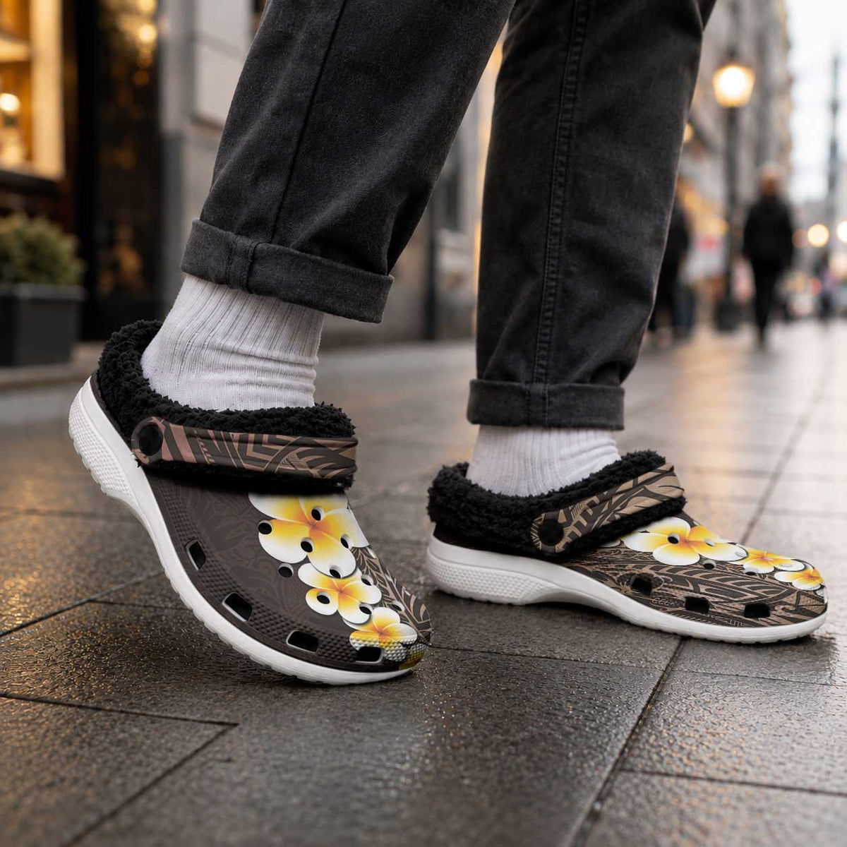Brown Tropical Plumeria With Galaxy Polynesian Art Fleece Clogs