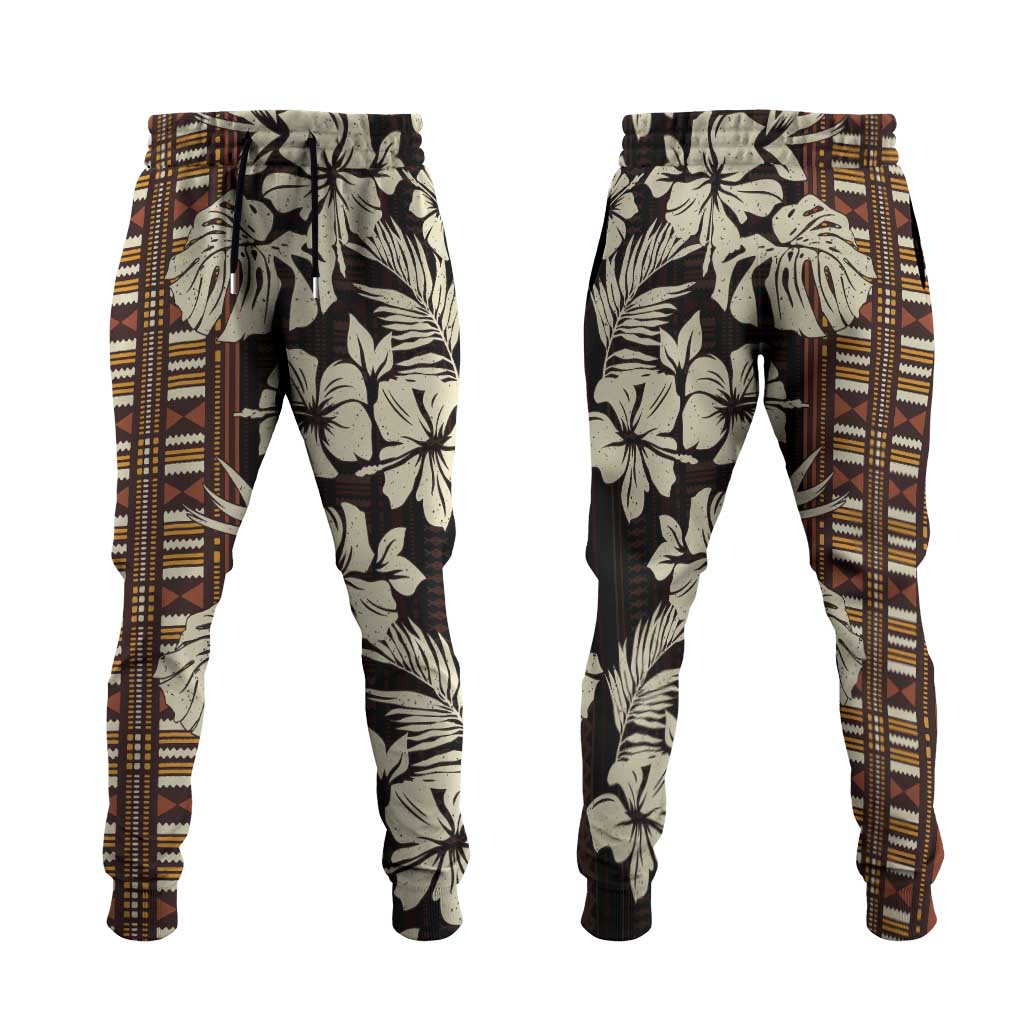 Bula Fiji Masi Jogger Pants Tapa Tropical Hibiscus Half Stylized LT14 Brown - Polynesian Pride