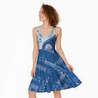 Bula Fiji Midi Dress Blue Plumeria Masi Tapa Pattern LT05 - Polynesian Pride
