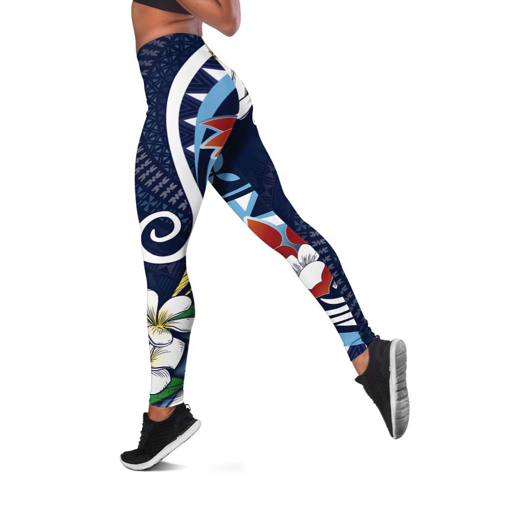Bula Fiji Tagimaucia Mix Plumeria Masi Tapa Leggings Blue