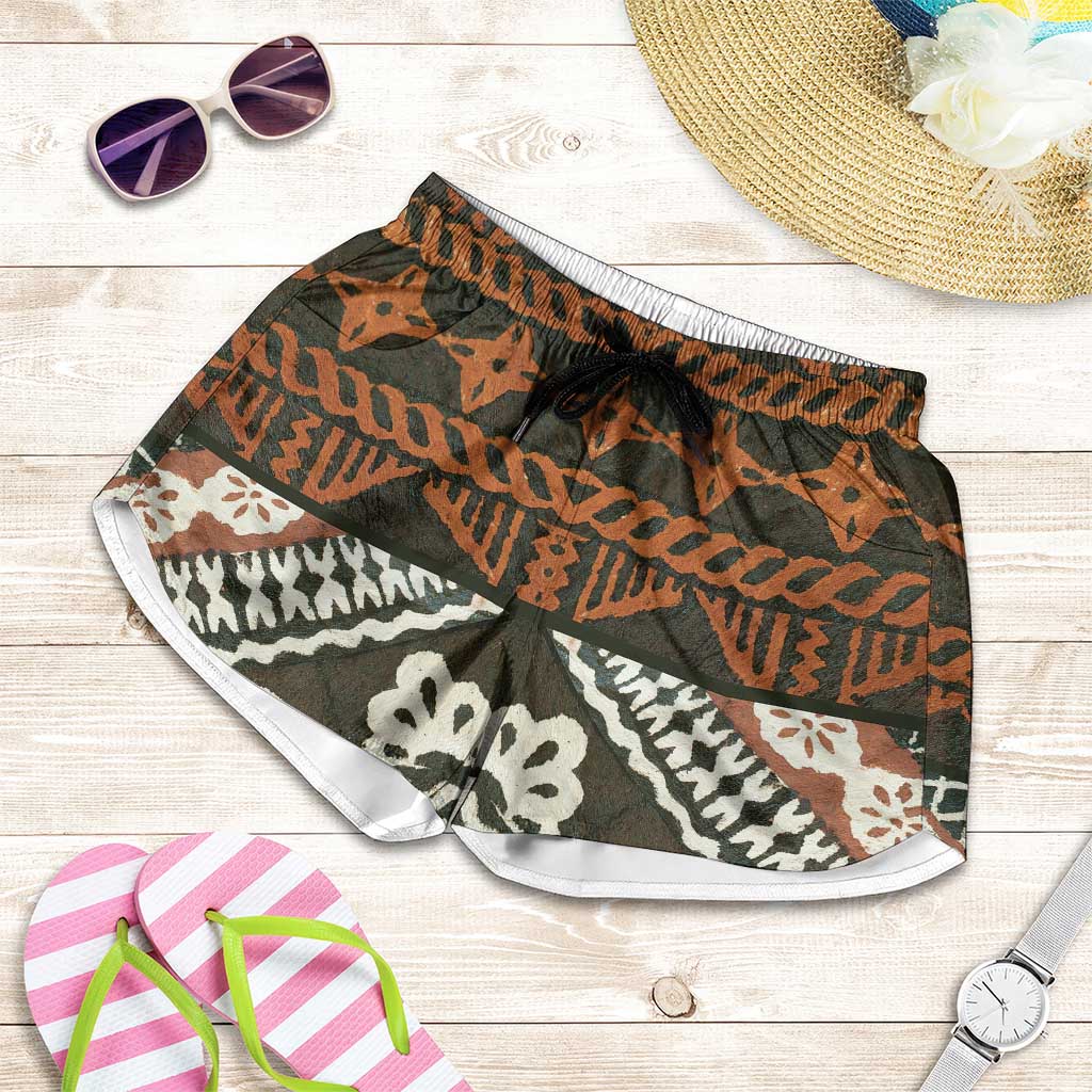 Bula Fiji Tapa Shorts for Women Fijian Masi Vintage Vibes LT14 Brown - Polynesian Pride