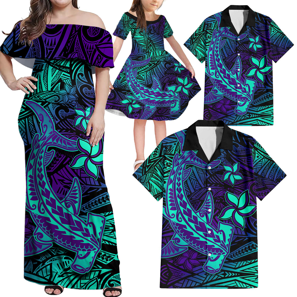 Purple Polynesian Family Matching Outfits - Off Shoulder Maxi Dress and Hawaiian Shirt Tribal Hammerhead Shark LT14 - Polynesian Pride