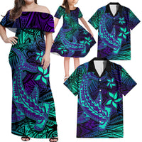 Purple Polynesian Family Matching Outfits - Off Shoulder Maxi Dress and Hawaiian Shirt Tribal Hammerhead Shark LT14 - Polynesian Pride