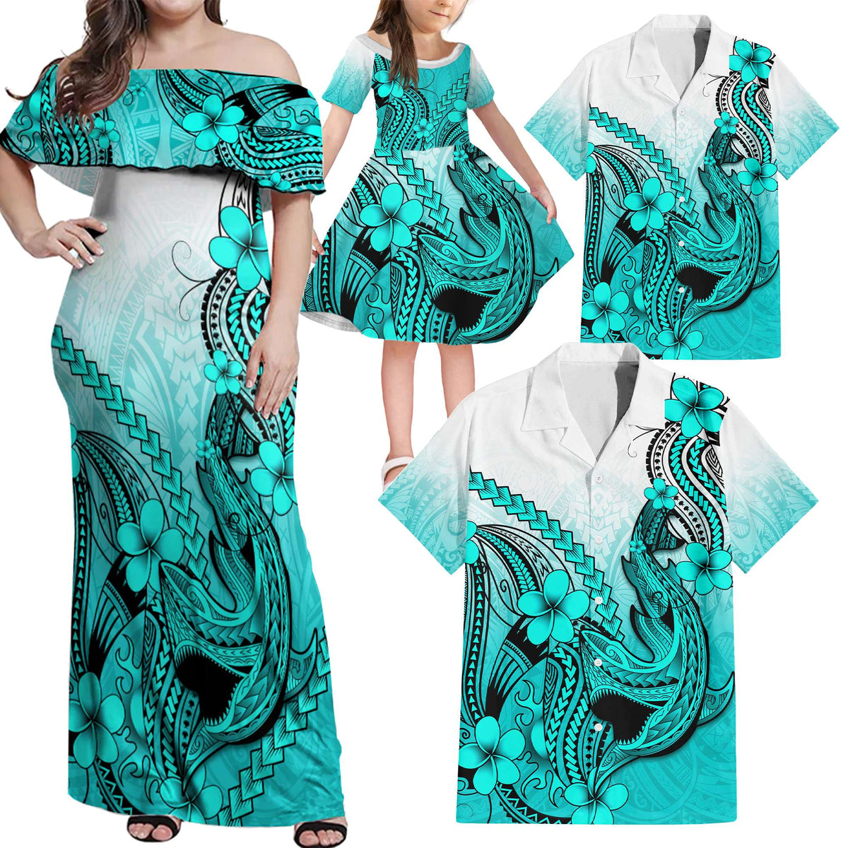 Turquoise Hawaii Family Matching Outfits Off Shoulder Maxi Dress And Hawaiian Shirt Polynesian Shark Tattoo LT14 Dad's Shirt - 5XL - Polynesian Pride