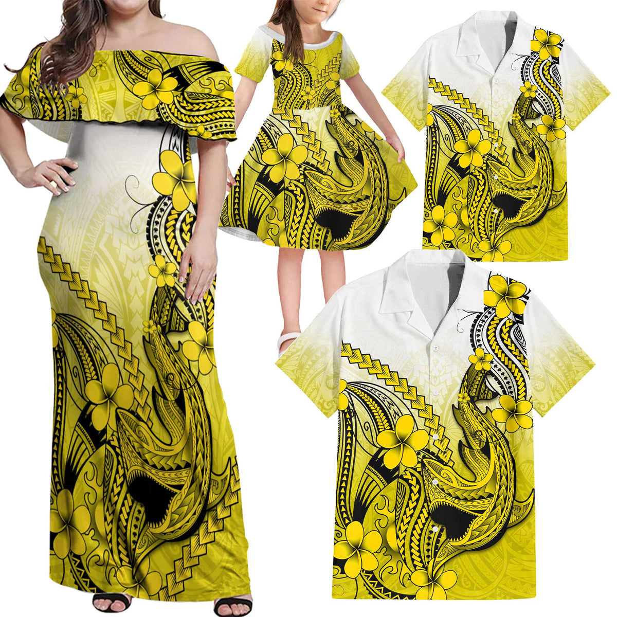 Yellow Hawaii Family Matching Outfits Off Shoulder Maxi Dress And Hawaiian Shirt Polynesian Shark Tattoo LT14 Dad's Shirt - 5XL - Polynesian Pride