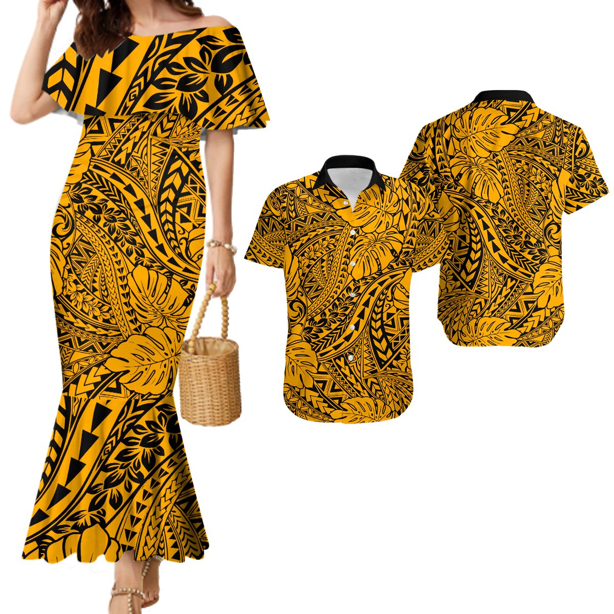 Hawaii Couples Matching Mermaid Dress and Hawaiian Shirt - Gold Polynesian Tribal Art LT14