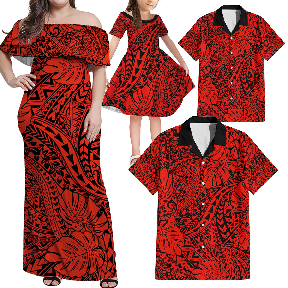 Red Hawaii Family Matching Off Shoulder Maxi Dress And Hawaiian Shirt Tribal Art LT14 Dad's Shirt - 6XL - Polynesian Pride