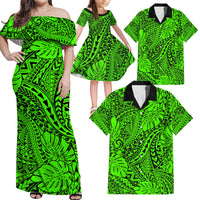 Green Hawaii Family Matching Off Shoulder Maxi Dress And Hawaiian Shirt Tribal Art LT14 Mom's Dress - 10XL - Polynesian Pride