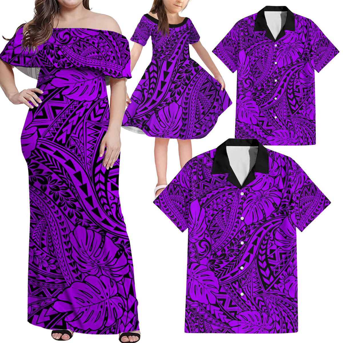 Purple Hawaii Family Matching Off Shoulder Maxi Dress And Hawaiian Shirt Tribal Art LT14 Dad's Shirt - 6XL - Polynesian Pride