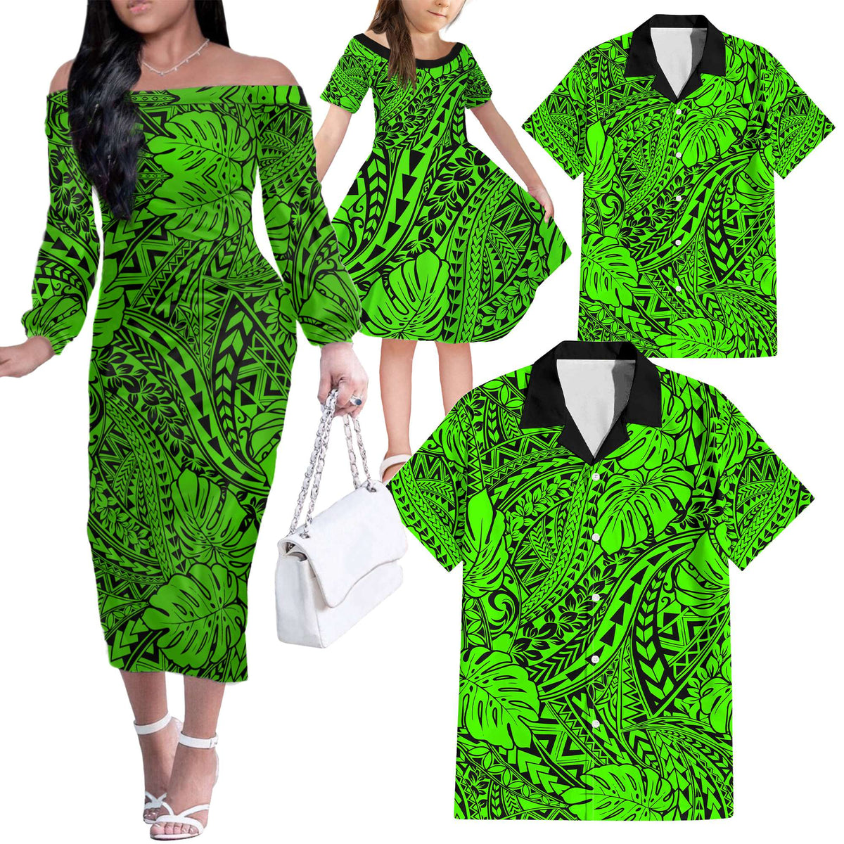Green Hawaii Family Matching Off Shoulder Long Sleeve Dress And Hawaiian Shirt Tribal Art LT14 Dad's Shirt - 6XL - Polynesian Pride