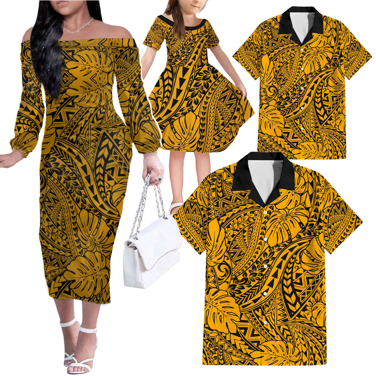Gold Hawaii Family Matching Off Shoulder Long Sleeve Dress And Hawaiian Shirt Tribal Art LT14 Dad's Shirt - 6XL - Polynesian Pride