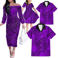 Purple Hawaii Family Matching Off Shoulder Long Sleeve Dress And Hawaiian Shirt Tribal Art LT14 Dad's Shirt - 6XL - Polynesian Pride