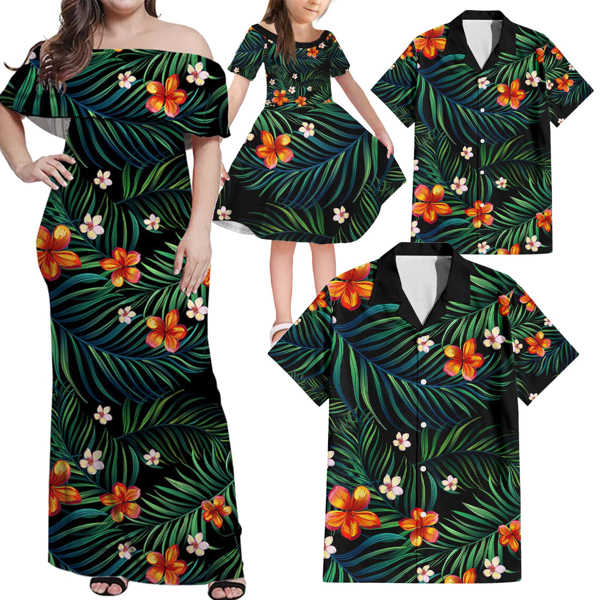 Polynesian Family Matching Outfits Off Shoulder Maxi Dress And Hawaiian Shirt Tropical Flowers LT14 Dad's Shirt - 5XL - Polynesian Pride