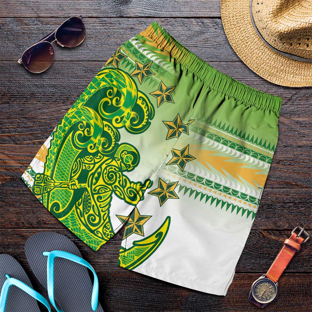 Cook Islands Va'a Race Shorts for Men Te Tatau Tattoos Sporty Style Green-White Color LT03 Green - Polynesian Pride