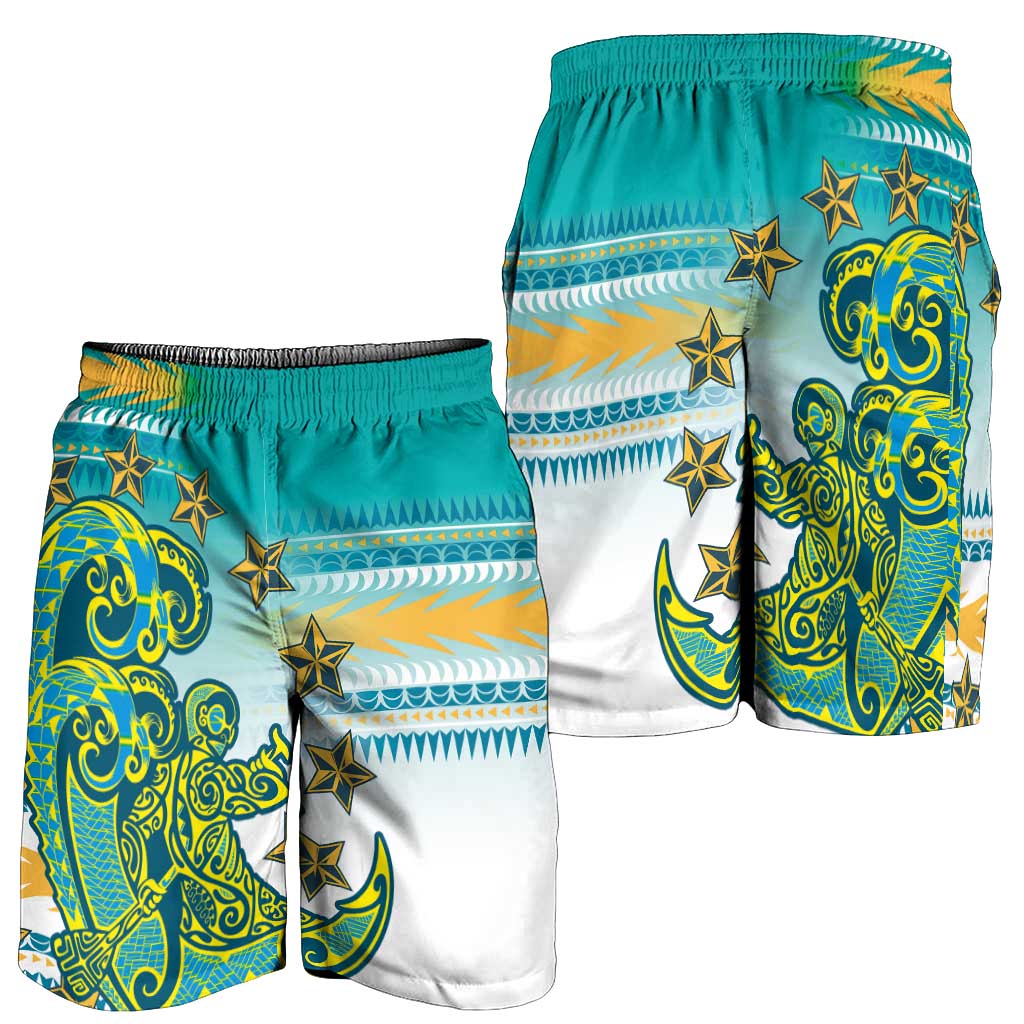 Cook Islands Va'a Race Shorts for Men Te Tatau Tattoos Sporty Style Turquoise Color LT03 - Polynesian Pride