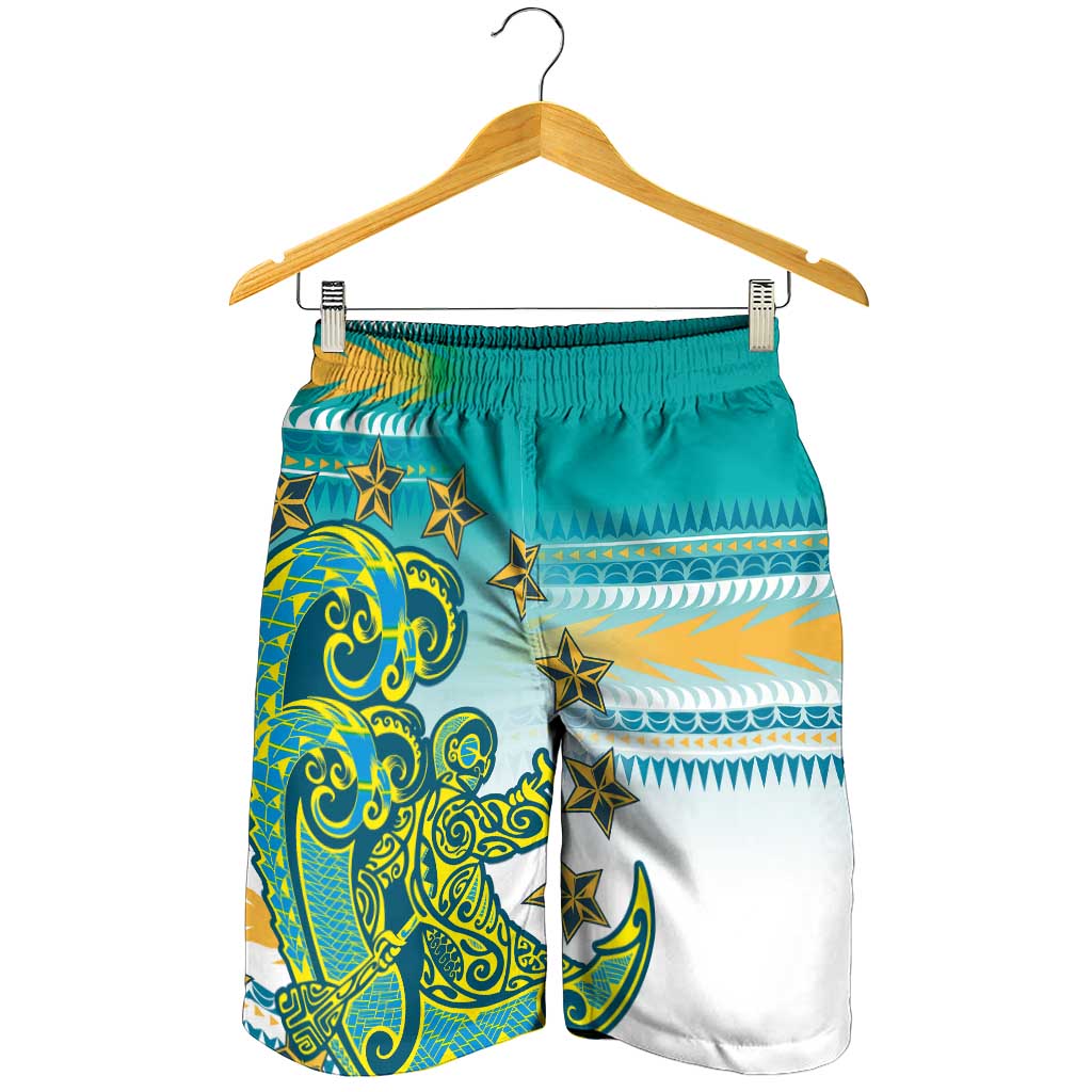 Cook Islands Va'a Race Shorts for Men Te Tatau Tattoos Sporty Style Turquoise Color LT03 - Polynesian Pride