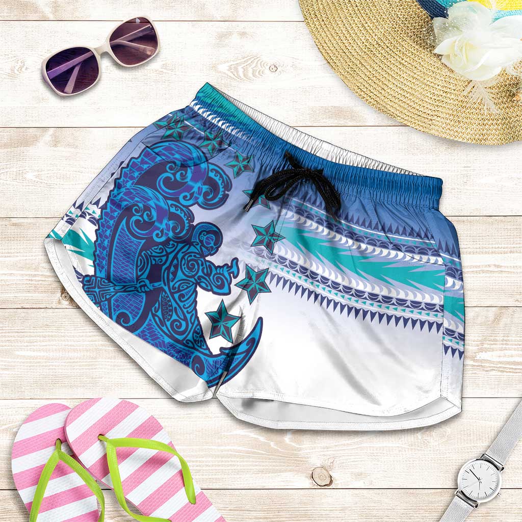 Cook Islands Va'a Race Shorts for Women Te Tatau Tattoos Sporty Style Light Blue Color LT03 Blue - Polynesian Pride