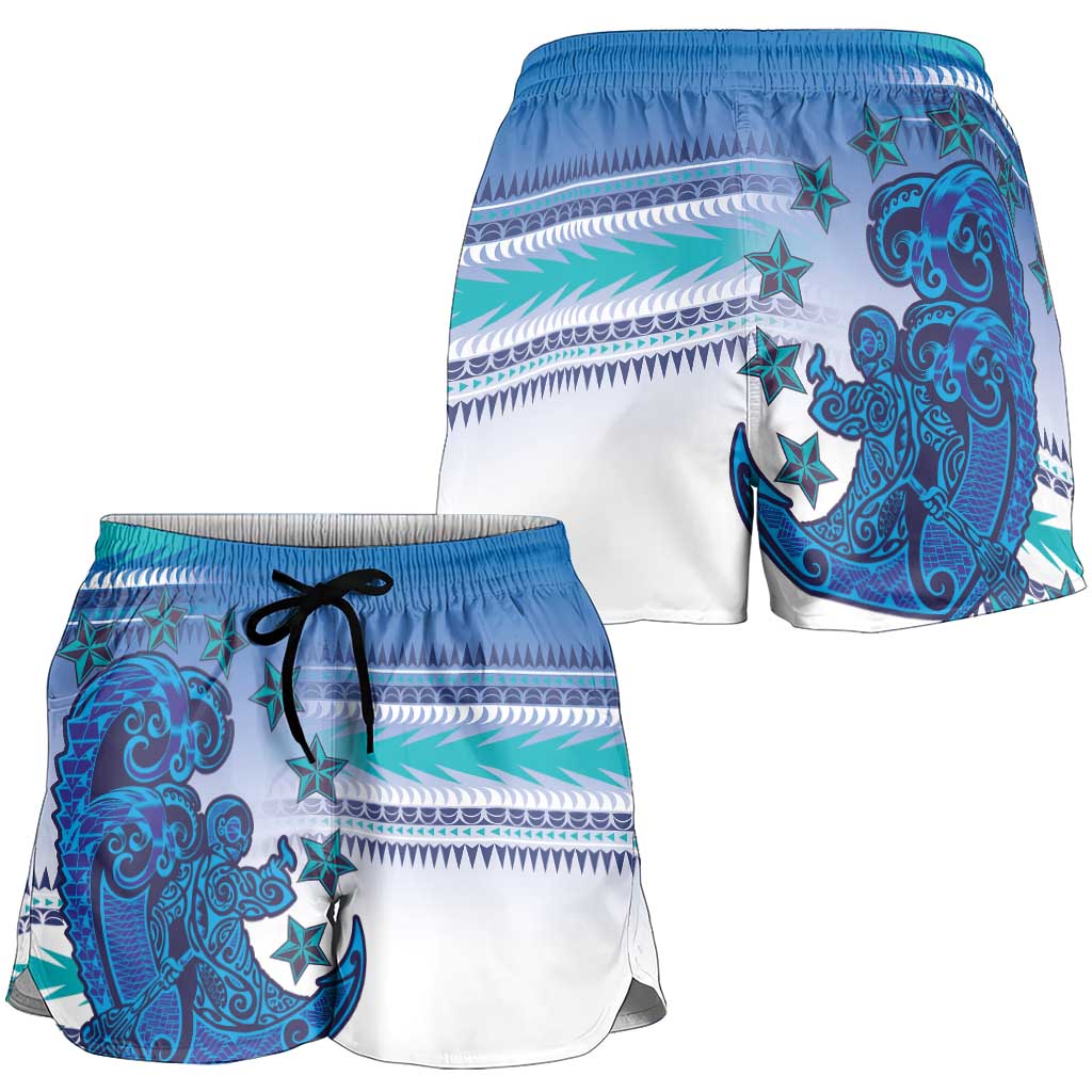 Cook Islands Va'a Race Shorts for Women Te Tatau Tattoos Sporty Style Light Blue Color LT03 - Polynesian Pride