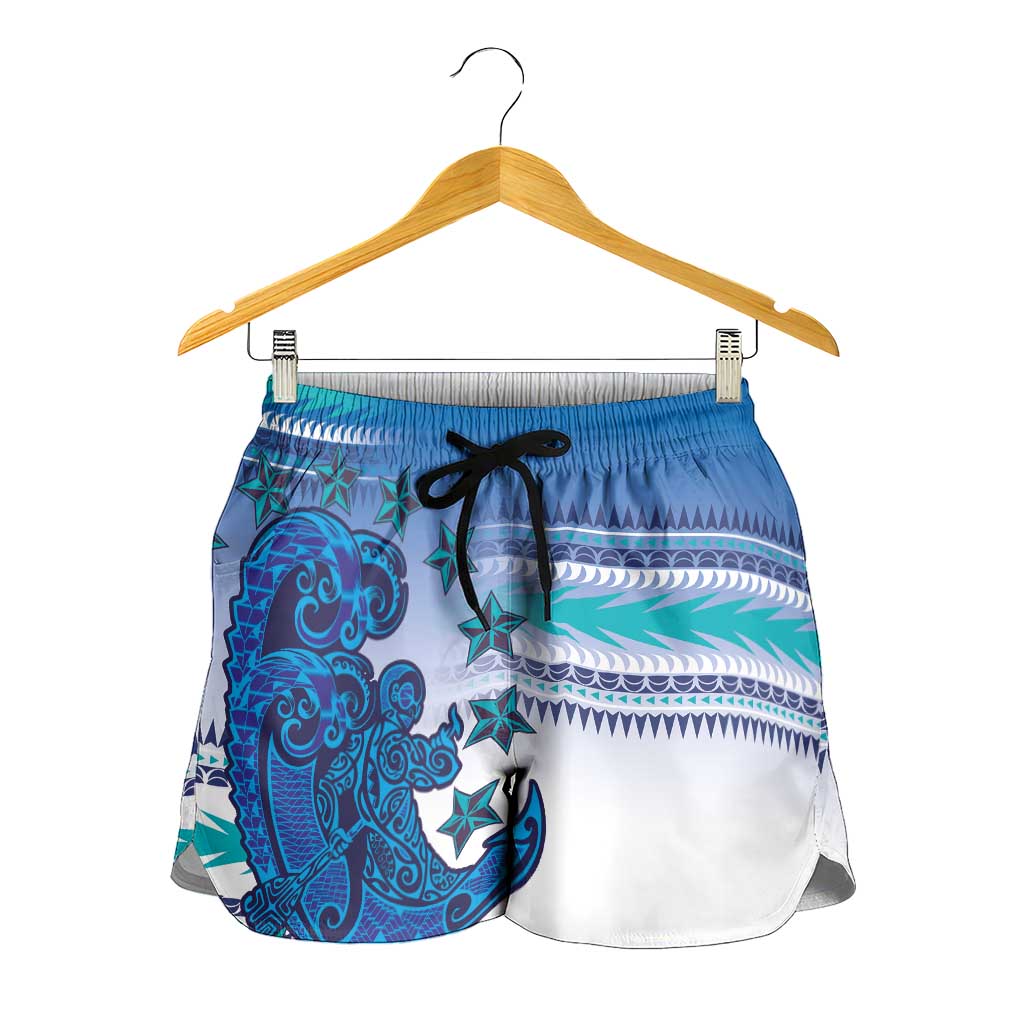 Cook Islands Va'a Race Shorts for Women Te Tatau Tattoos Sporty Style Light Blue Color LT03 - Polynesian Pride