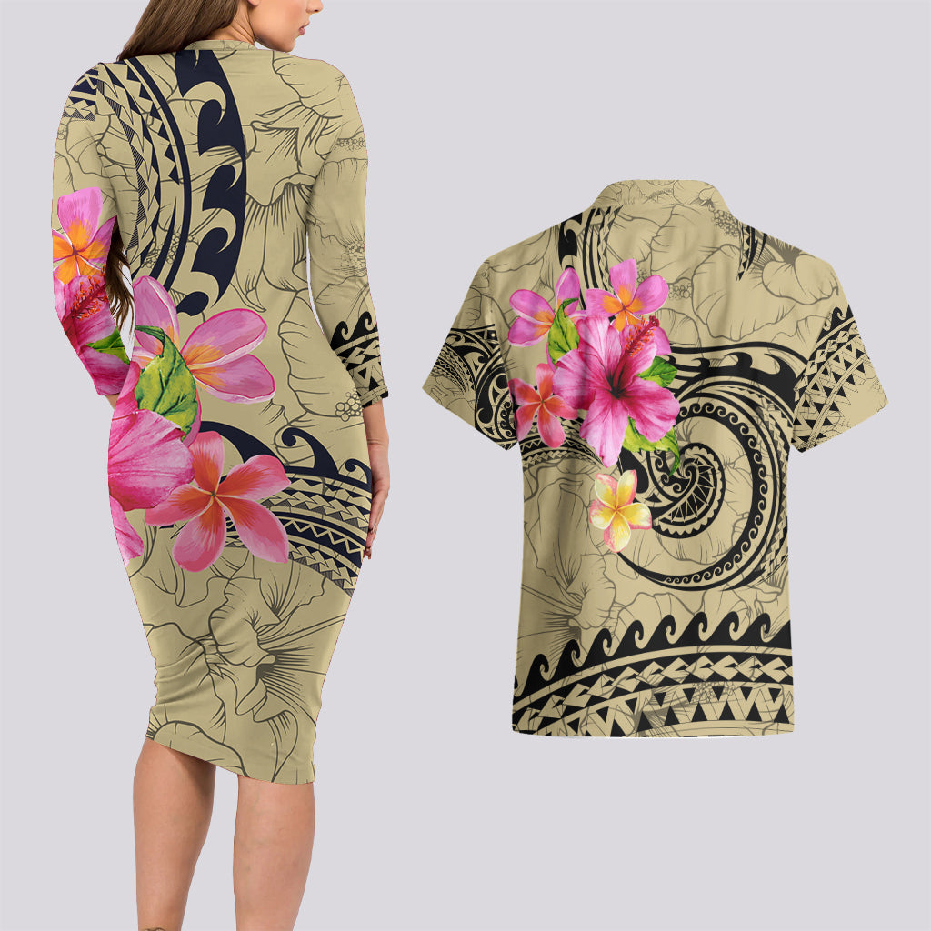 Matching Outfit For Couples Hawaii Tropical Flowers Polynesian Tribal Wave Bodycon Dress And Hawaii Shirt - Polynesian Pride