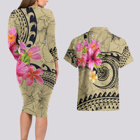 Matching Outfit For Couples Hawaii Tropical Flowers Polynesian Tribal Wave Bodycon Dress And Hawaii Shirt - Polynesian Pride